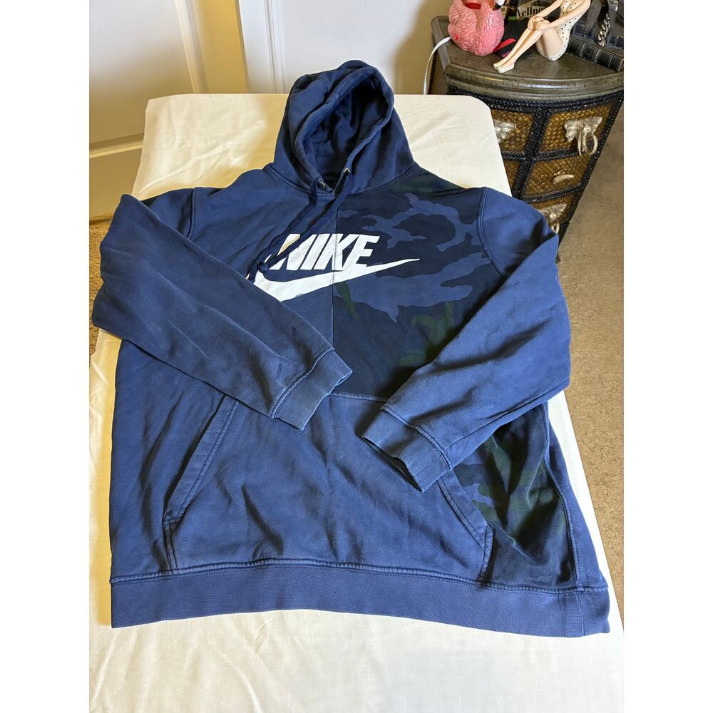Nike Hoodie Mens L Blue Camo Swoosh Pullover Sweatshirt Fleece Pocket streetwear